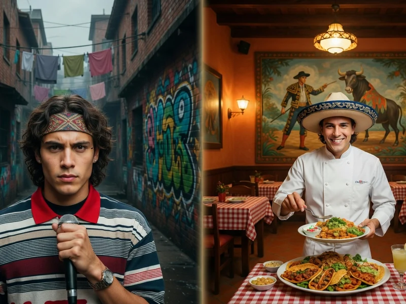 El Matador apparaît à la fois en rappeur dans une ruelle graffiti et en chef dans un restaurant mexicain