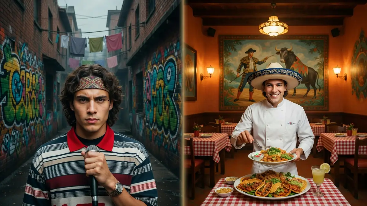 El Matador apparaît à la fois en rappeur dans une ruelle graffiti et en chef dans un restaurant mexicain