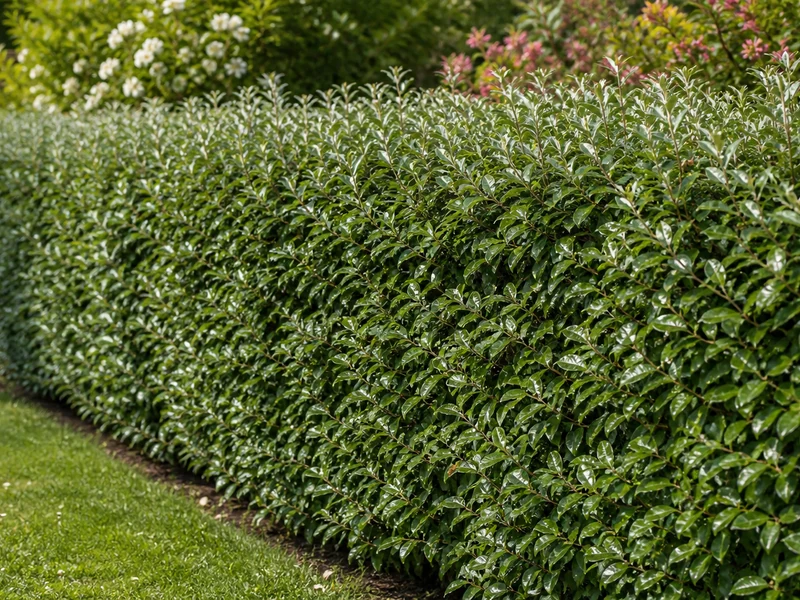 Une haie d'éléagnus dense borde une pelouse dans un jardin résidentiel en été.