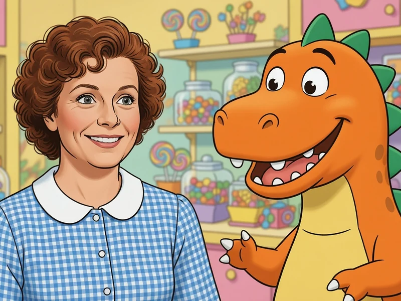 Éliane Gauthier se tient aux côtés d'un dinosaure orange dans une confiserie