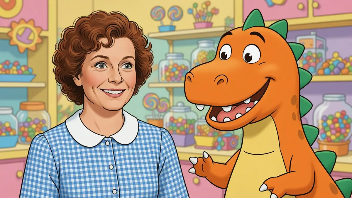 Éliane Gauthier se tient aux côtés d'un dinosaure orange dans une confiserie