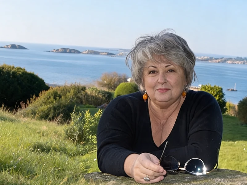 Élisabeth Margoni pose avec des lunettes de soleil à la main devant la mer