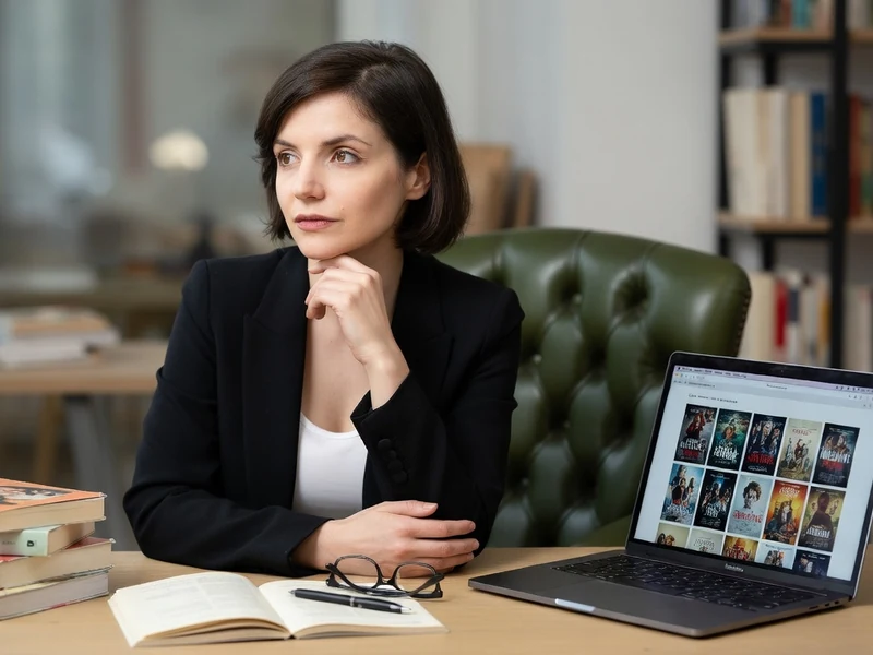 Elisabeth Ventura est assise à un bureau, la main au menton, devant un ordinateur portable et des livres.