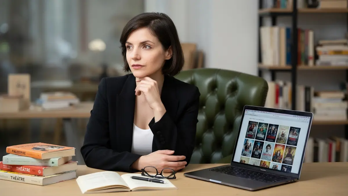 Elisabeth Ventura est assise à un bureau, la main au menton, devant un ordinateur portable et des livres.
