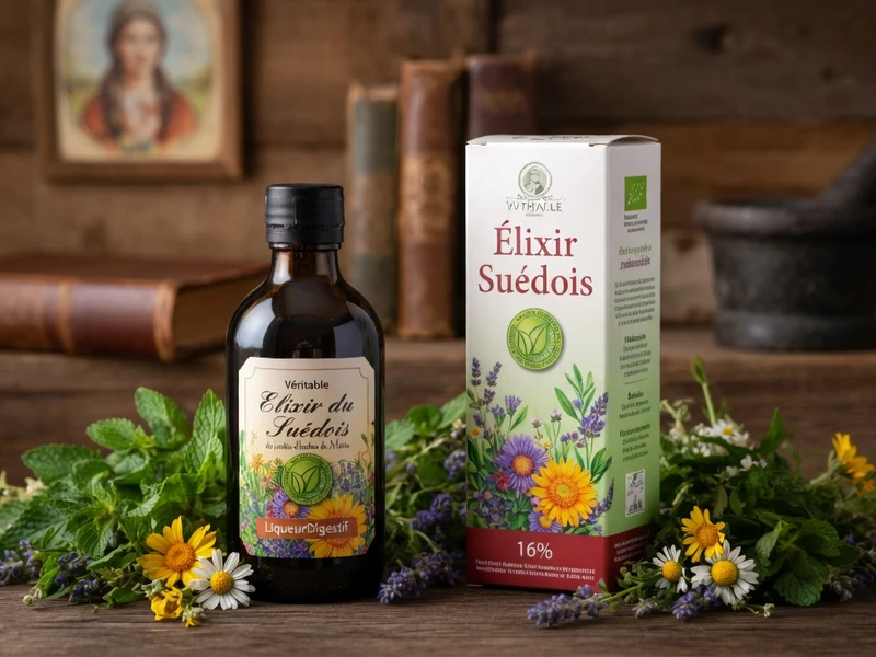 Une bouteille d'élixir du Suédois est entourée d'herbes et de fleurs sur une table en bois
