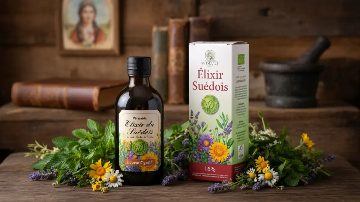 Une bouteille d'élixir du Suédois est entourée d'herbes et de fleurs sur une table en bois