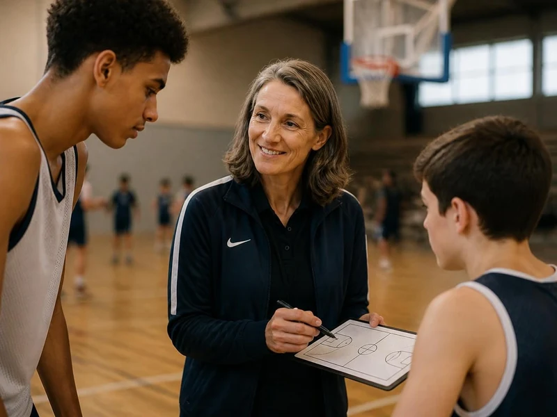 Élodie de Fautereau donne des instructions tactiques à deux jeunes basketteurs sur un terrain.