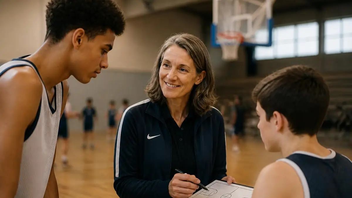 Élodie de Fautereau donne des instructions tactiques à deux jeunes basketteurs sur un terrain.