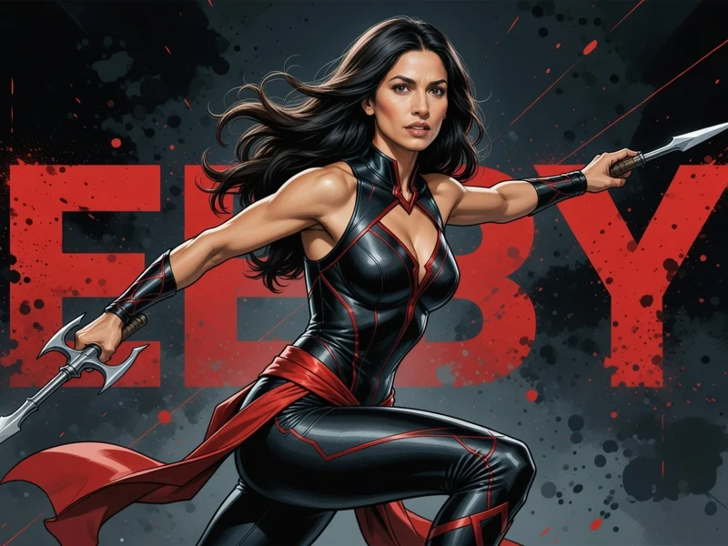 Élodie Yung en pose de combat dynamique portant une combinaison noire et rouge et tenant deux armes