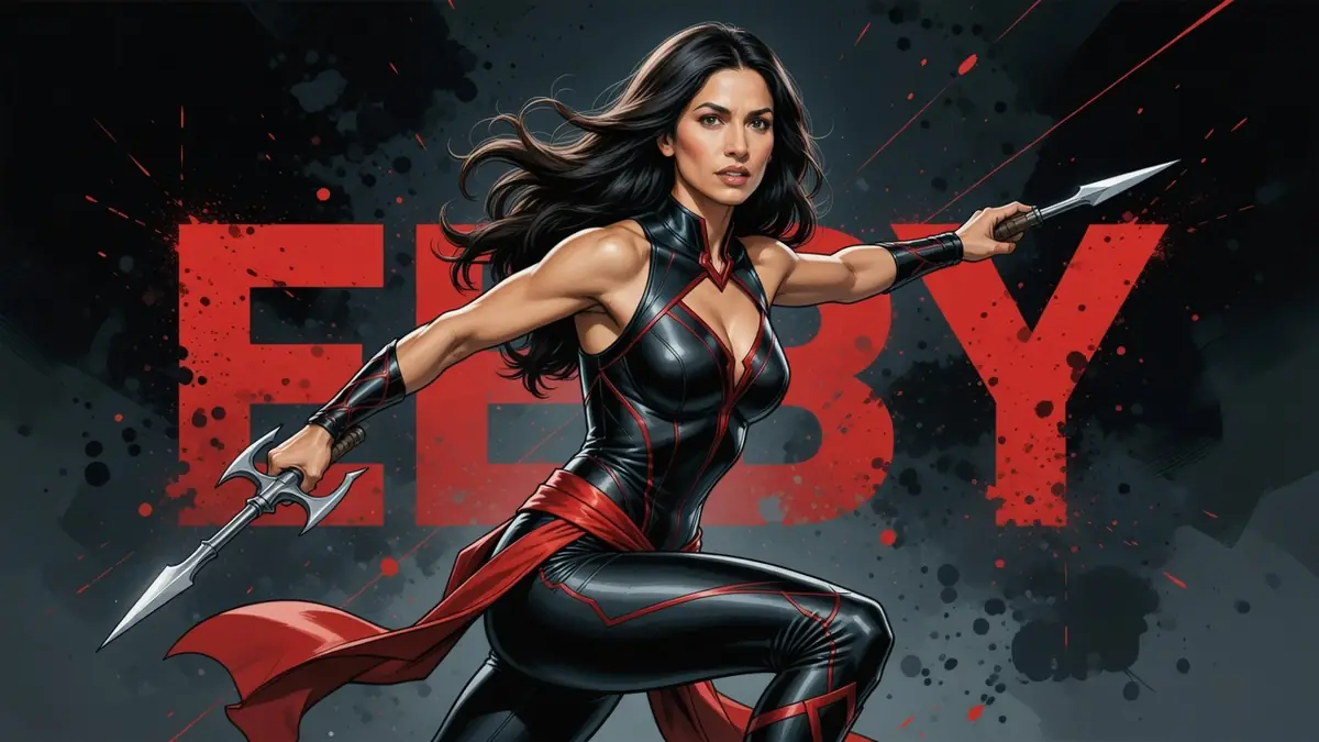 Élodie Yung en pose de combat dynamique portant une combinaison noire et rouge et tenant deux armes