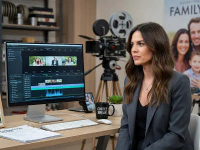 Elsa Leeb travaille dans son bureau devant un écran de montage vidéo avec une caméra en arrière-plan