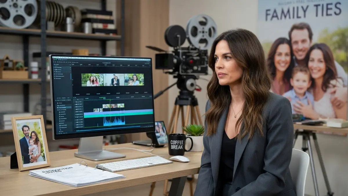 Elsa Leeb travaille dans son bureau devant un écran de montage vidéo avec une caméra en arrière-plan