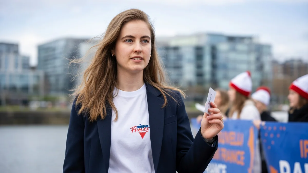 Emma Fourreau se tient dehors en tenant une carte près d'un plan d'eau