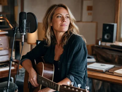 La musicienne compose dans un studio chaleureux, entre micro et guitare.