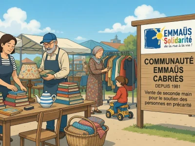 Scène de brocante avec stands de livres et vêtements à Emmaüs Plan de Campagne