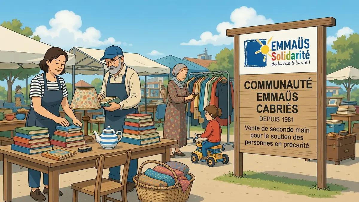 Scène de brocante avec stands de livres et vêtements à Emmaüs Plan de Campagne
