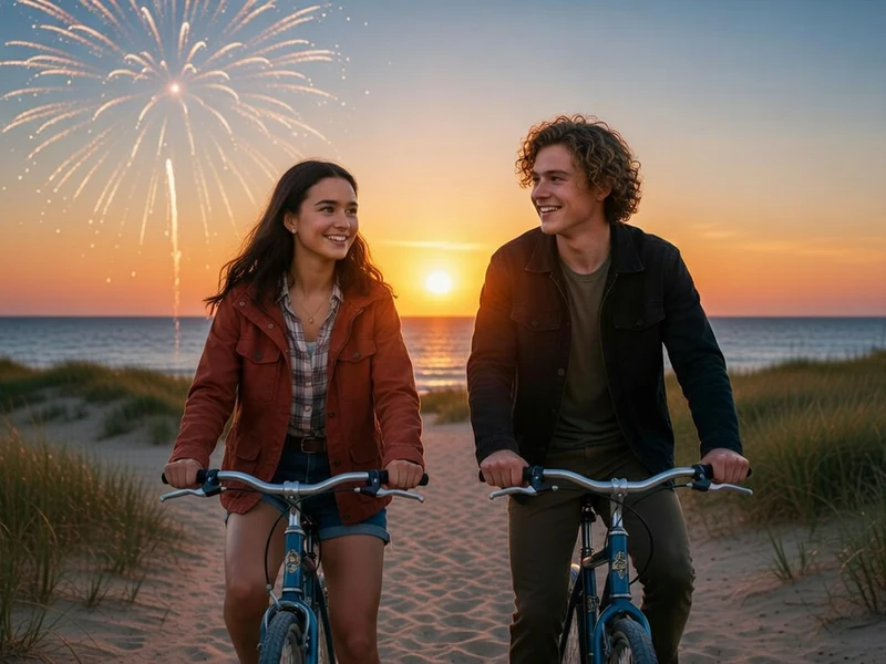 Un jeune couple à vélo sur une plage au coucher du soleil, en route pour l'avenir sous un feu d'artifice