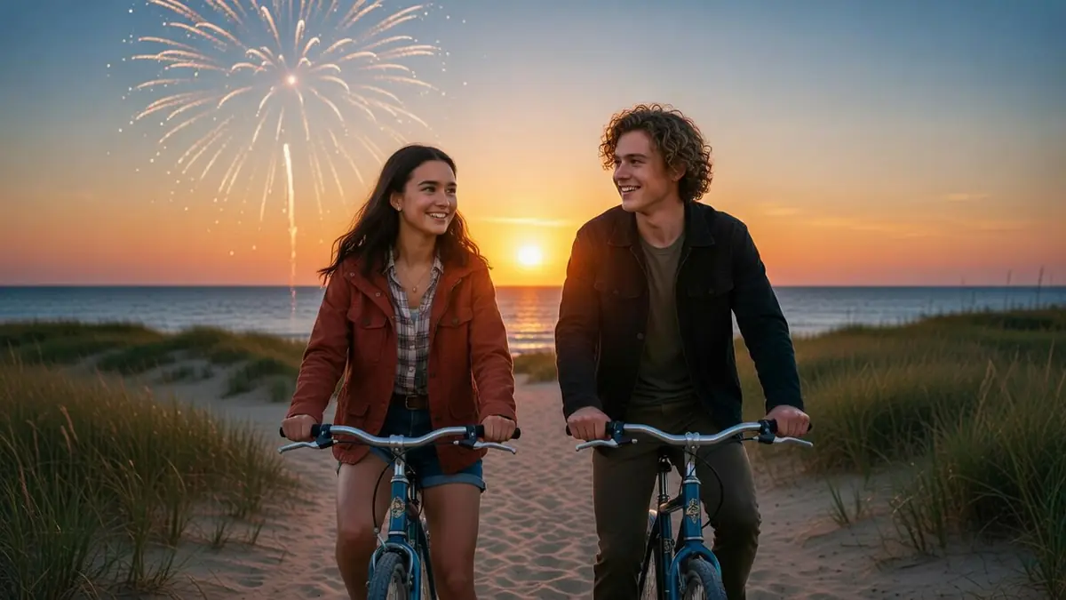 Un jeune couple à vélo sur une plage au coucher du soleil, en route pour l'avenir sous un feu d'artifice