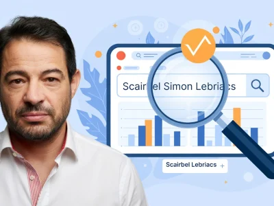 Un homme en chemise apparaît près d'une loupe et graphiques liés à scairbel Simon Lebriacs