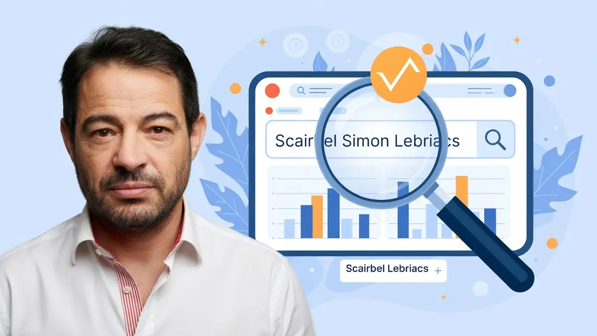 Un homme en chemise apparaît près d'une loupe et graphiques liés à scairbel Simon Lebriacs