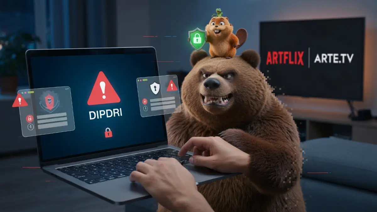 Un ours avec un écureuil sur la tête consulte Dipdri sur un ordinateur portable