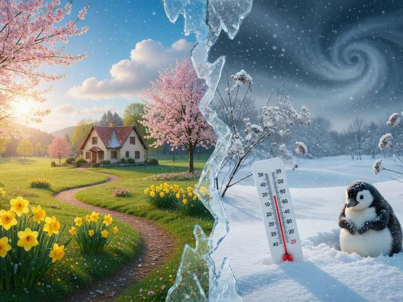 Contraste entre fleurs et soleil d'un côté et neige et pingouin de l'autre pour l'hiver 2026