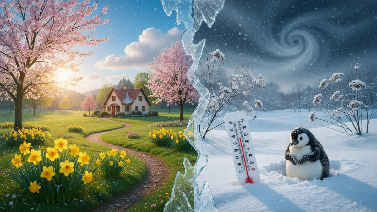 Contraste entre fleurs et soleil d'un côté et neige et pingouin de l'autre pour l'hiver 2026