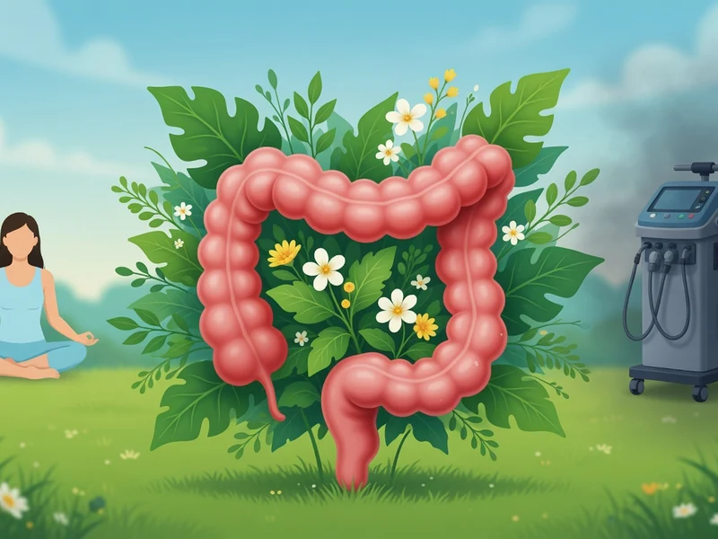 Une femme en méditation près d'un côlon détoxification entouré de plantes et d'une machine médicale