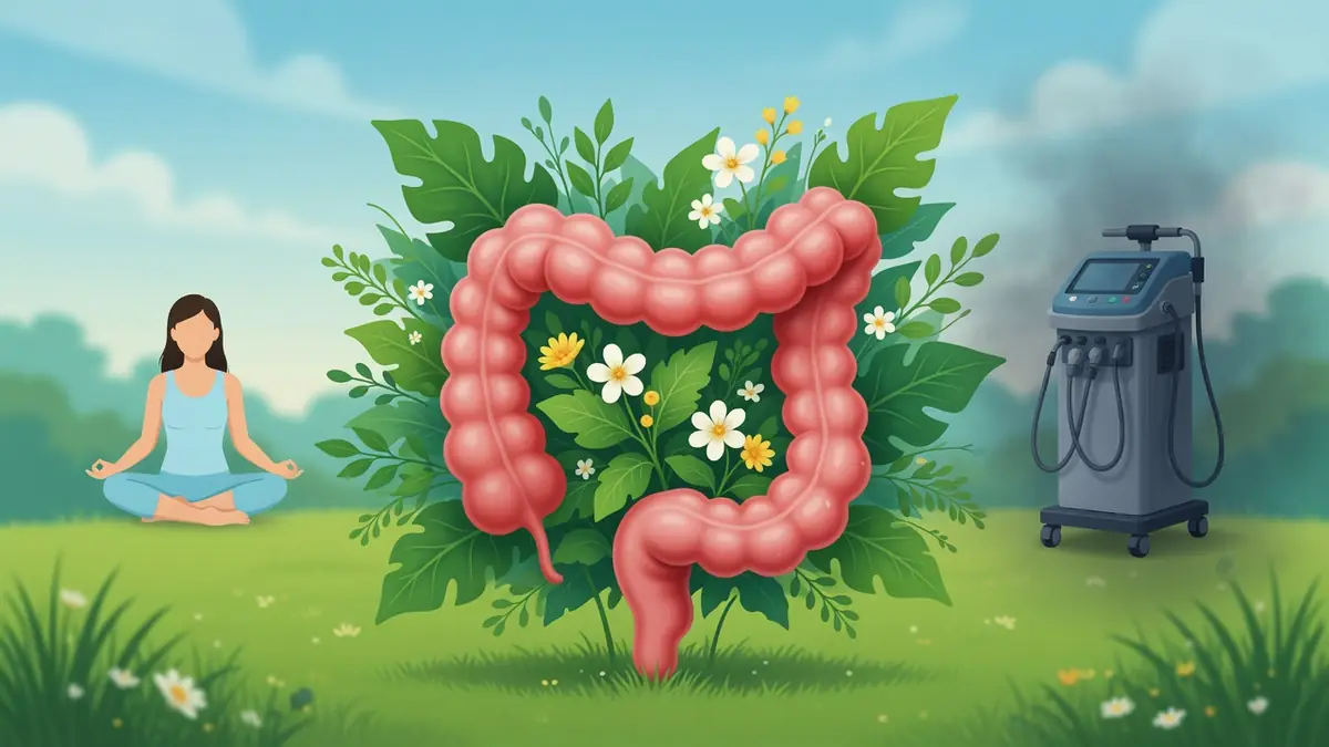 Une femme en méditation près d'un côlon détoxification entouré de plantes et d'une machine médicale
