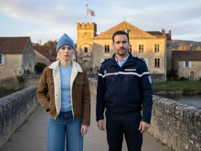Deux acteurs principaux de la distribution de Meurtres en Périgord vert posent devant un château médiéval au bord de l'eau