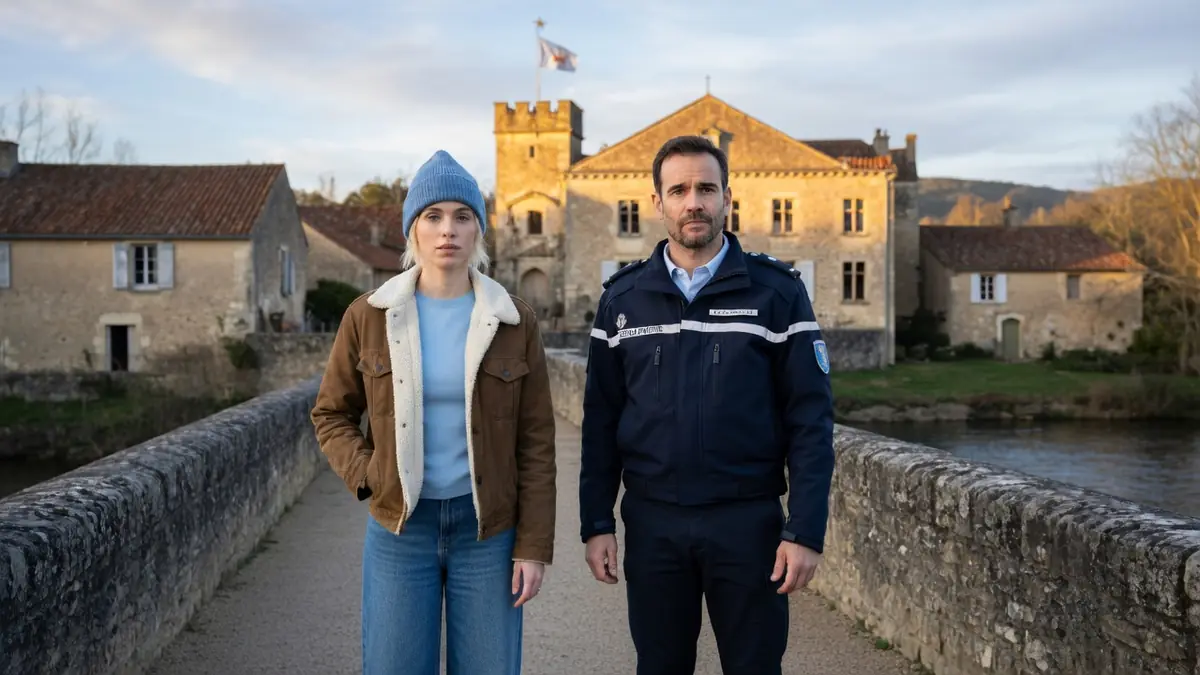 Deux acteurs principaux de la distribution de Meurtres en Périgord vert posent devant un château médiéval au bord de l'eau