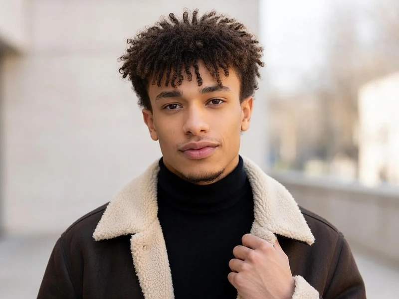 Portrait d'Enzo Rose portant un col roulé noir et une veste à col en fourrure à l'extérieur