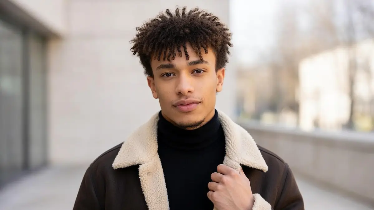 Portrait d'Enzo Rose portant un col roulé noir et une veste à col en fourrure à l'extérieur