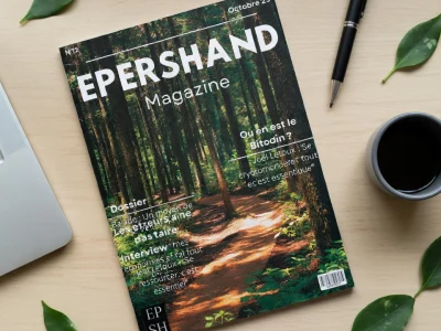Epershand Magazine repose sur une table en bois à côté d'un ordinateur portable et d'une tasse de café