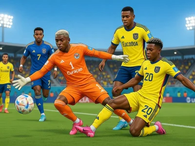 Un gardien de but en orange défend son camp lors du match Équateur – Curaçao sur un terrain de football