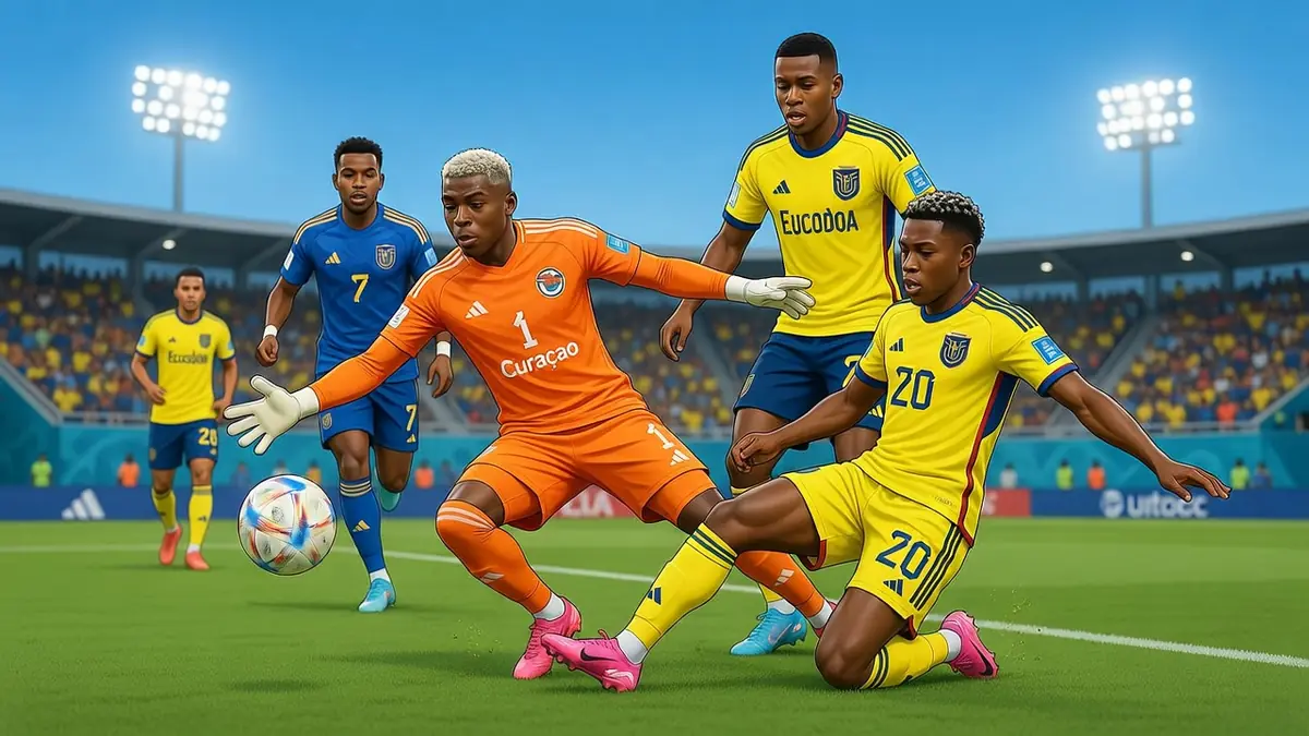 Un gardien de but en orange défend son camp lors du match Équateur – Curaçao sur un terrain de football