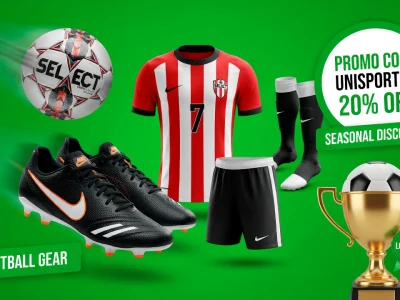 Des équipements de football sont présentés avec un code promo Unisport
