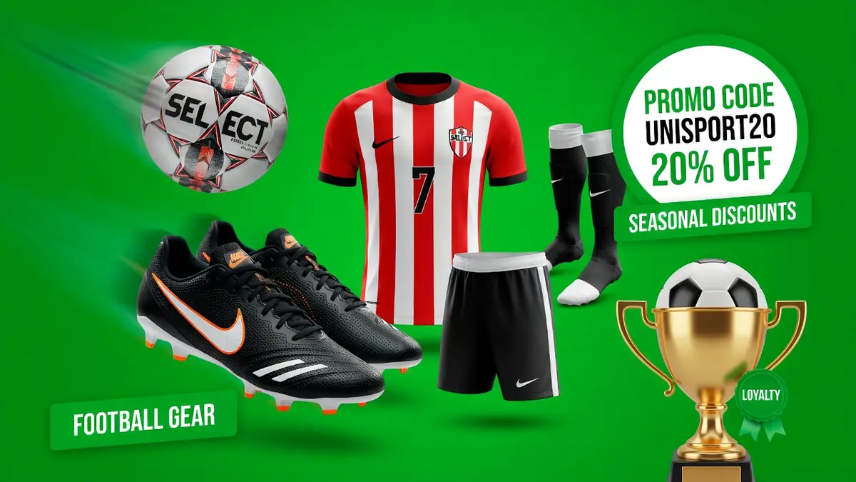 Des équipements de football sont présentés avec un code promo Unisport