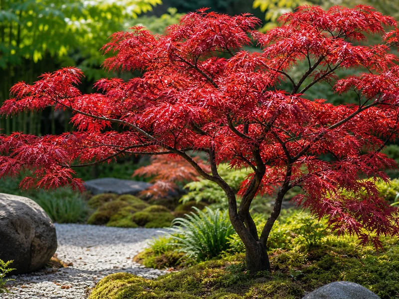 Un érable du Japon rouge illumine un jardin zen.