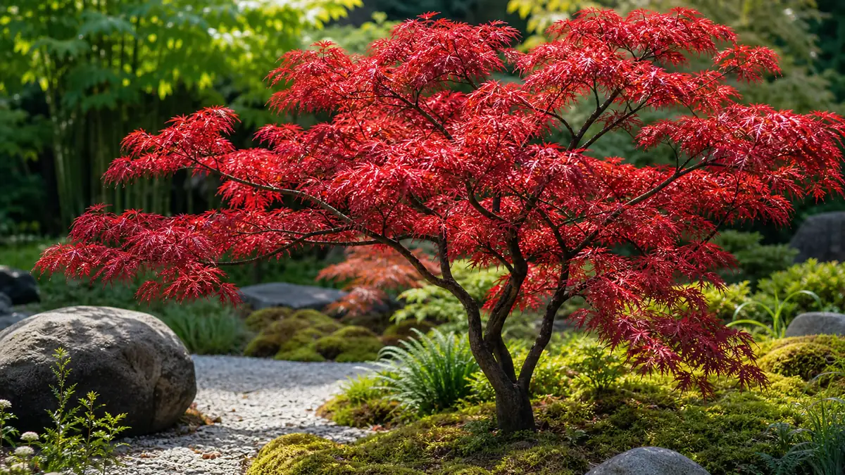 Un érable du Japon rouge illumine un jardin zen.