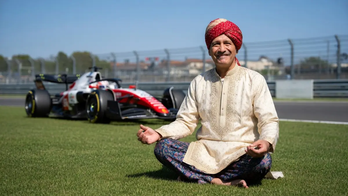 Eric Bhat médite en tailleur sur l'herbe près d'une voiture de Formule 1