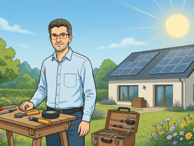 Eric Bonnat se tient près d'un établi avec des outils devant une maison équipée de panneaux solaires