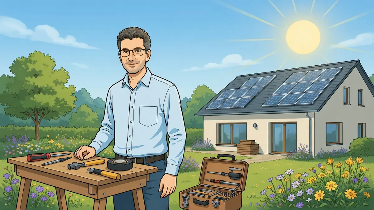 Eric Bonnat se tient près d'un établi avec des outils devant une maison équipée de panneaux solaires