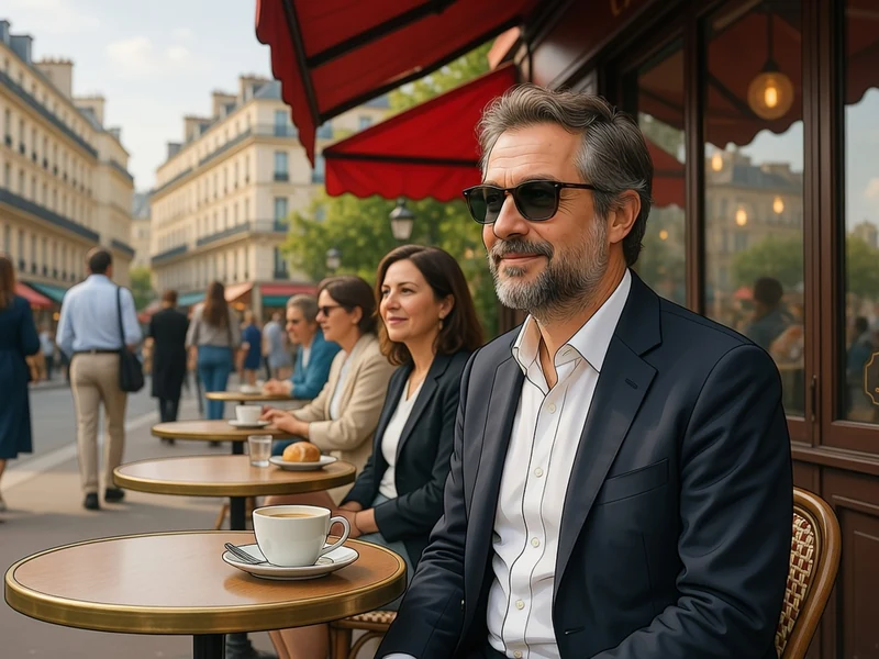 Eric Wapler assis à la terrasse d'un café parisien avec la tour Eiffel en arrière-plan
