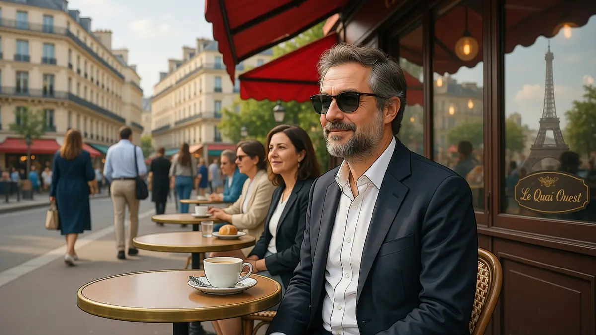 Eric Wapler assis à la terrasse d'un café parisien avec la tour Eiffel en arrière-plan