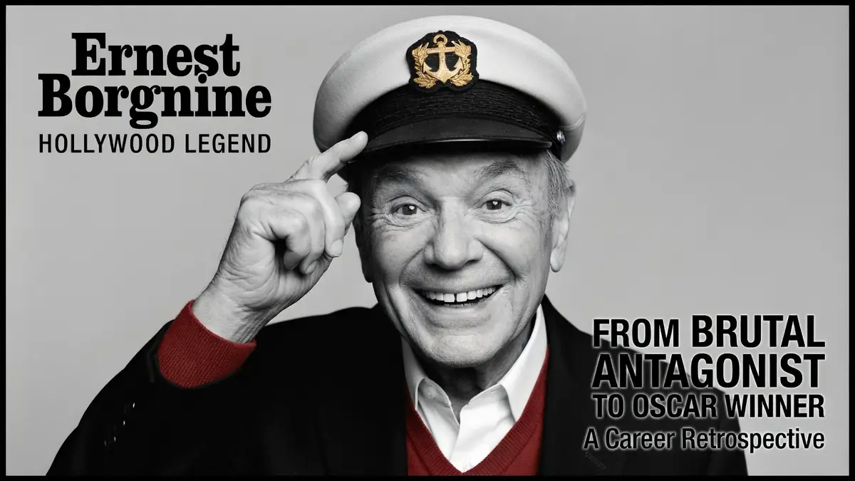 Ernest Borgnine sourit en pointant son index vers sa casquette de capitaine