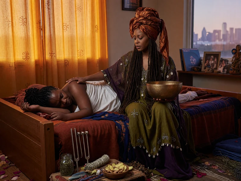 Erykah Badoula pose la main sur le dos d'une personne allongée dans une chambre baignée de lumière dorée