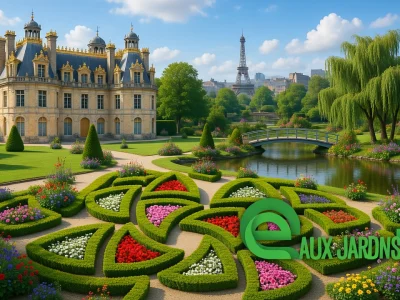 Somptueux château aux jardins fleuris structurés et vue sur la tour Eiffel lors d'escapades aux Jardins