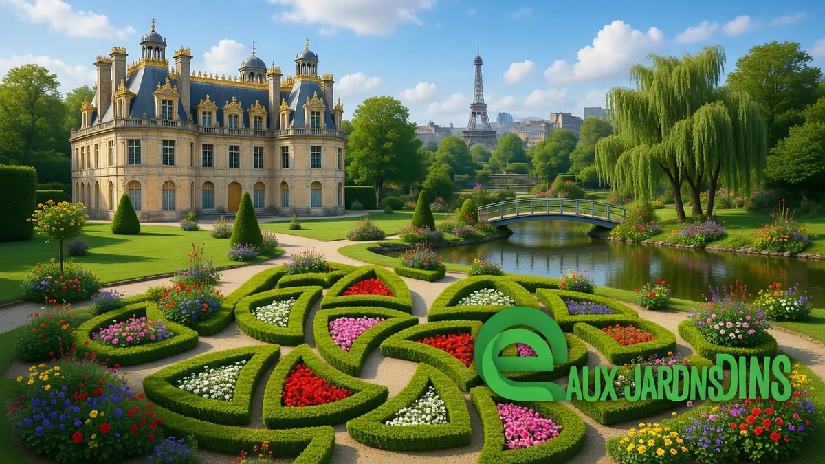 Somptueux château aux jardins fleuris structurés et vue sur la tour Eiffel lors d'escapades aux Jardins