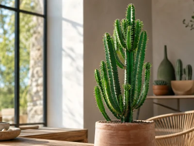 Une euphorbe cactus sculpturale baignée de lumière dans un intérieur contemporain.